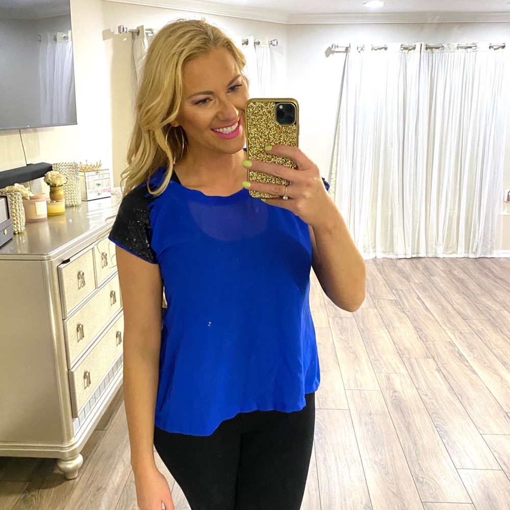 Royal Blue Black‎ Sequin Sleeve Top 💙